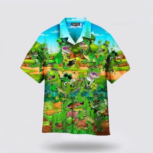T-rex Happy Patricks Day Aloha Hawaiian Shirt, St Patricks Day Shirts, Shamrock Hawaiian Shirt