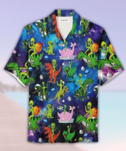 Alien Riding Dinosaur T-rex Hawaiian Shirt- For men and women - Fanshubus