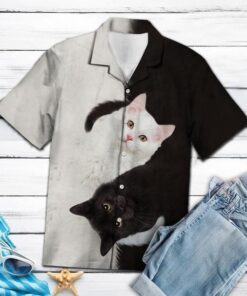 Amazing Black And White Cat Tropical Hawaiian Shirt- For men and women - Fanshubus