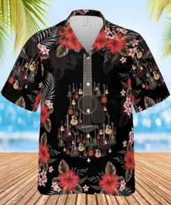 Amazing Guitar Combine Red Black Floral Hawaiian Shirt- For men and women - Fanshubus