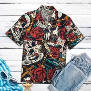 Amazing Sugar Skulls Rose Flowers Trumpets Hawaiian Shirt Gifts With Skulls On Them- For men and women - Fanshubus