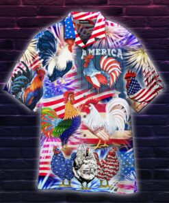 America Rooster Chicken With Fireworks Hawaiian Shirt- For men and women - Fanshubus