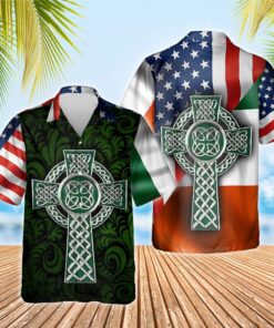 American Irish Flag With Celtic Cross Hawaiian Shirt- For men and women - Fanshubus