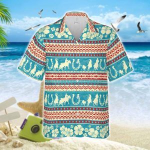 Awesome Team Roping Hibiscus Flower Green Unisex Hawaiian Shirts Beach Shorts- For men and women - Fanshubus