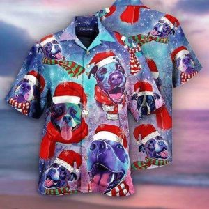 Beach Shirt Funny Santa Pitbull Blue Hawaiian Aloha Shirts- For men and women - Fanshubus