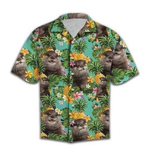 Beach Shirt Tropical Pineapple Otter Unisex Hawaiian Aloha Shirts L- For men and women - Fanshubus