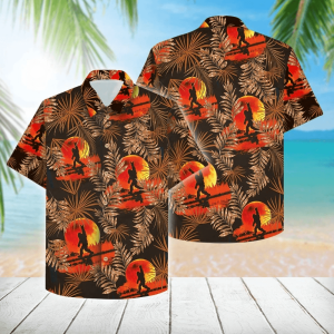 Bigfoot At Sunset Orange Hawaiian Shirt  -  Funny Crazy Vintage Hawaiian Shirt - For Men and Women - Fanshubus