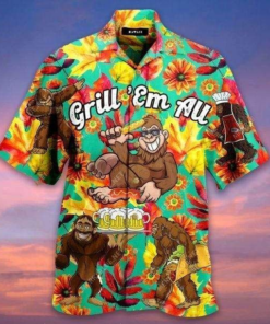 Bigfoot Grill Em All Camping Colorful Best Hawaiian Shirt | Funny Crazy Vintage Hawaiian Shirt