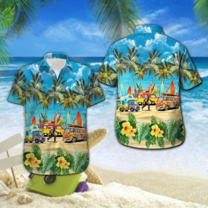 Bigfoot With Bus On Summer Beach Hawaiian Shirt | Funny Crazy Vintage Hawaiian Shirt