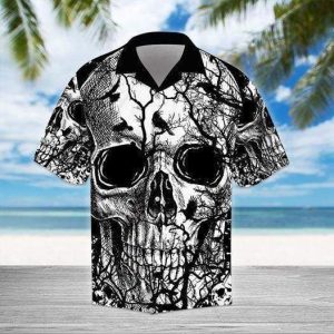 Black And White Skull With Bird Hawaiian Shirt- For men and women - Fanshubus