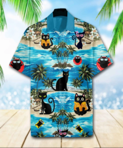 Black Cat Beach 3D Print Polyester Hawaiian Shirt - For Men and Women Fanshubus