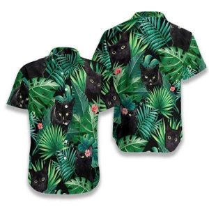 Black Cat Green Hawaiian Aloha Shirt- For men and women - Fanshubus