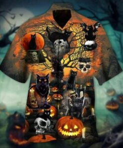 Black Cat Skull Halloween Hawaiian Shirt- For men and women - Fanshubus