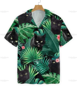 Black Cat Tropical Green Leafs Hawaiian Shirt  -  Crazy Funny Hawaiian Shirt .