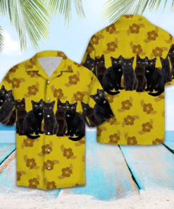 Black Cat Yellow Floral Summer Hawaiian Shirt- For men and women - Fanshubus