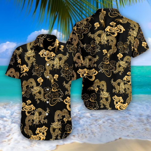 Black Gold Oriental Dragon Hawaiian Shirt - For Men and Women - Fanshubus