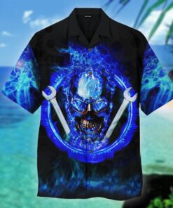 Blue Fire Skull Mechanic Hawaiian Shirt - For Men and Women - Fanshubus