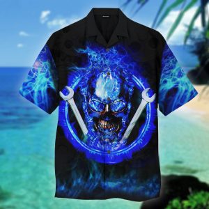 Blue Fire Skull Mechanic Hawaiian Shirt | For Men &amp; Women | Adult |- For men and women - Fanshubus