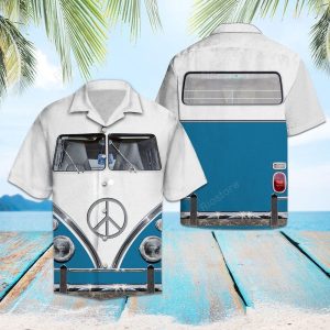 Blue Hippie Bus White Unique Design Unisex Hawaiian Shirt- For men and women - Fanshubus