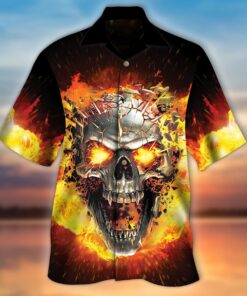 Broken Fire Skull Hawaiian Shirt .