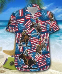 Bull Riding American Flag 4th Of July Hawaiian Shirt | For Men &amp; Women | Adult |- For men and women - Fanshubus