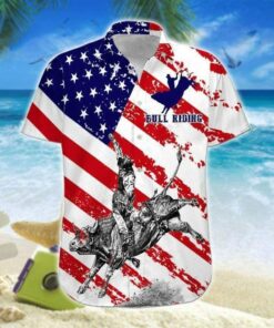 Bull Riding American Flag Pattern Hawaiian Shirt- For men and women - Fanshubus