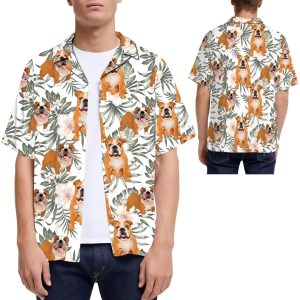 Bulldog Tropical Leaves Hibiscus Men Hawaiian Shirt -  Summer Shirt -  Beach Shirts For Dog Lovers .