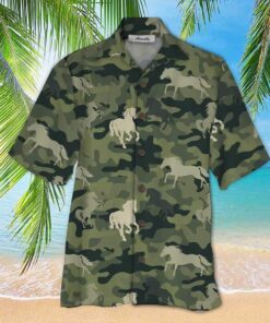 CAMO HORSES PATTERN HAWAIIAN SHIRT .