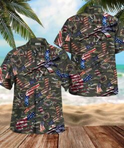 Camouflage Gun American Flag Hawaiian Shirt- For men and women - Fanshubus