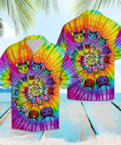 Cat Awesome Tie Dye Tropical Polyester Hawaiian Shirt - For Men and Women Fanshubus