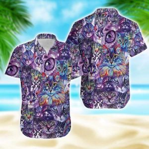 Colorful Galaxy Cat Hawaiian Shirt- For men and women - Fanshubus