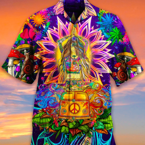 Colorful Hippie Yoga Girl Camper Van Hawaiian Shirt- For men and women - Fanshubus