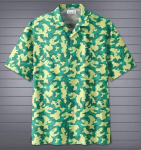 Cool Green Camo Dinosaur Pattern Hawaiian Shirts Halloween Costume- For men and women - Fanshubus