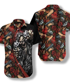 Cool Skull Hooded Take Gun Red Rose Hawaiian Shirt - For Men and Women Fanshubus