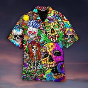 Cool Skull With Hippies Mushrooms Hawaiian Shirt- For men and women - Fanshubus