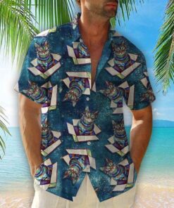 COSMIC CAT IN A BOX HAWAIIAN SHIRT .