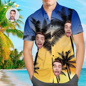 Custom Face Funky Hawaiian Shirt Sunset Yellow Button Down Shirts