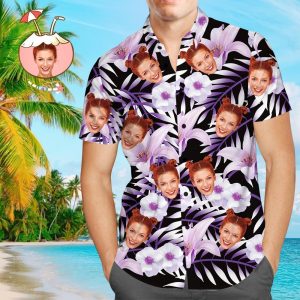 Custom Face Shirt Men's Hawaiian Shirt Purple Flowers - Black - For Men and Women Fanshubus