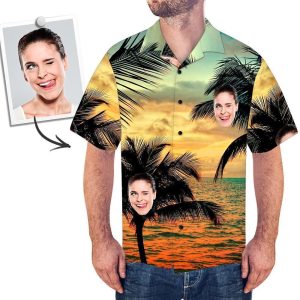 Custom Face Shirt Men's Hawaiian Shirt Sunset Palm  -  Unique Beach Shirt - For Men and Women Fanshubus