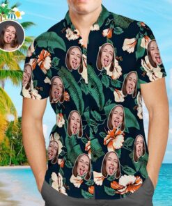 Custom Face Shirt Personalized Photo Men's Hawaiian Shirt Orange Flowers Design Aloha Beach Shirt - For Men and Women - Fanshubus