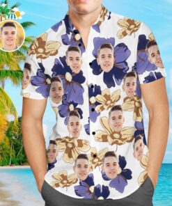 Custom Face Shirt Personalized Photo Men's Hawaiian Shirt Purple Flowers Design Aloha Beach Shirt - For Men and Women - Fanshubus