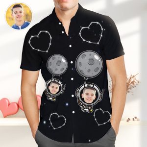 Custom Photo Hawaiian Shirt Funky Astronaut Casual Button-Down Shirt with Ballon - For men and women - Fanshubus