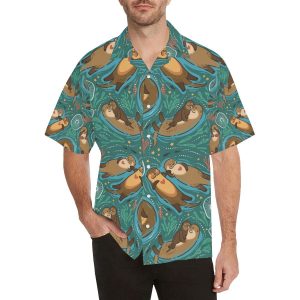 cute brown sea otters ornamental seaweed corals gr Men's All Over Print Hawaiian Shirt- For men and women - Fanshubus