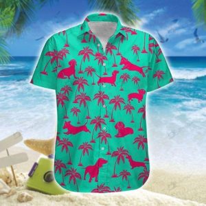 Cute Dachshund Green Pink Unisex Hawaiian Shirts Beach Shorts- For men and women - Fanshubus