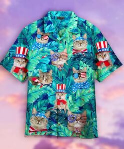 Cute Funny Cat American Flag Style Hawaiian Shirt- For men and women - Fanshubus