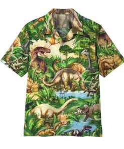 Dinosaur Green Jungle Tropical Unisex Hawaiian Shirt- For men and women - Fanshubus