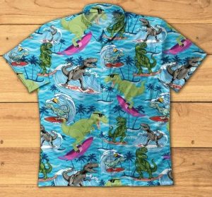 Dinosaur Surfing Beach Colorful Unique Hawaiian Shirt- For men and women - Fanshubus
