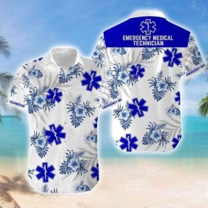 Emergency Medical Technique Navy Hibiscus Flower Unisex Hawaiian Shirts Beach Shorts- For men and women - Fanshubus