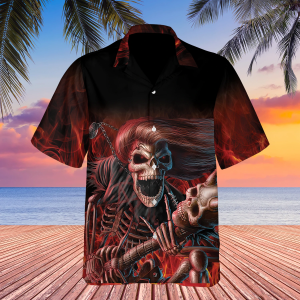 Fire Smoke Skull Play Guitar Hawaiian Shirt - For Men and Women Fanshubus