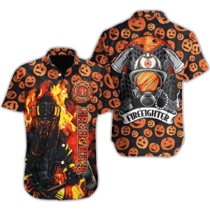 Firefighter Pumpkin Halloween Hawaiian Shirt- For men and women - Fanshubus